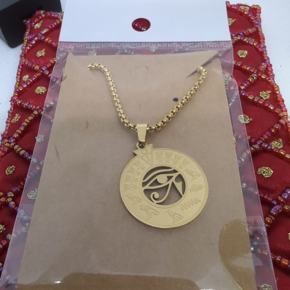 Mythological Egyptian Pendant Necklace-Gold Color Metal Evil Eye Unisex Jewelry - Picture 2 of 10